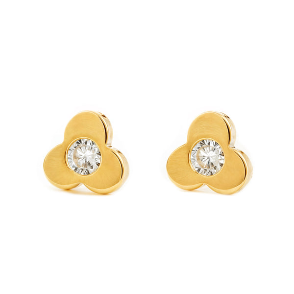 Boucles d'Oreilles Bebe Enfant Trèfle Zircone Or Jaune 18 Carats