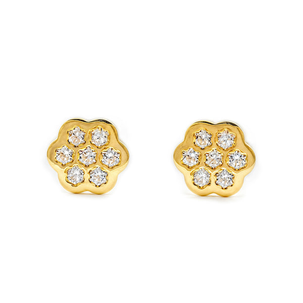 Boucles d'Oreilles Fille Enfant marguerite fleur Zircone Or Jaune 18 Carats