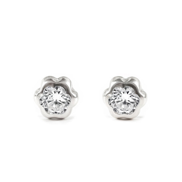 Boucles d'Oreilles Fille Enfant Fleur Zircone 3,75 mm Or Blanc 18 Carats