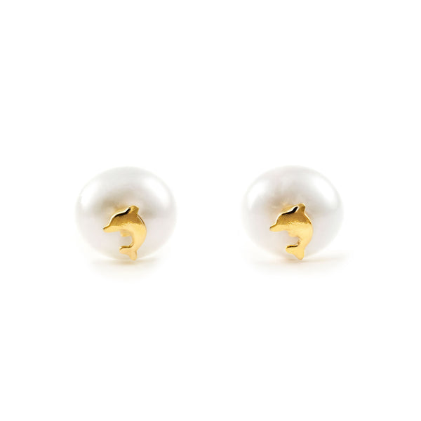Boucles d'Oreilles Bebe Fille Enfant Dauphin Perle 5 mm Or Jaune 18 Carats