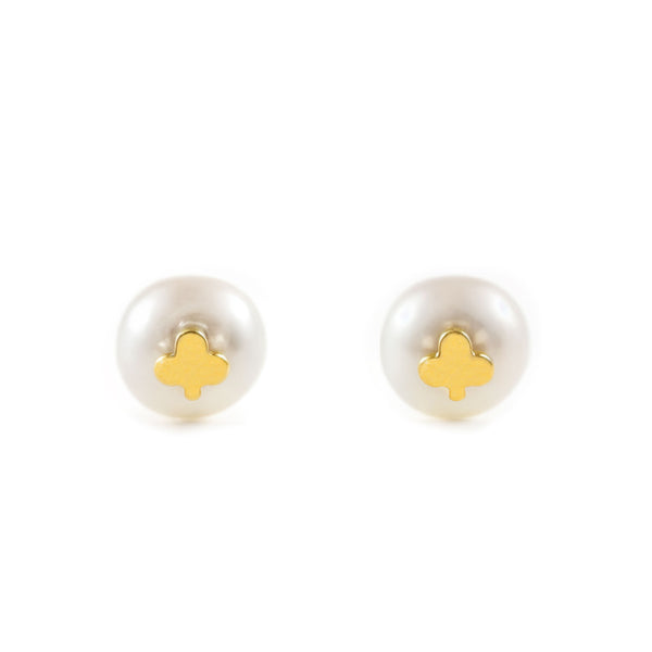 Boucles d'Oreilles Fille Enfant Trèfle Perle 5,5 mm Or Jaune 18 Carats