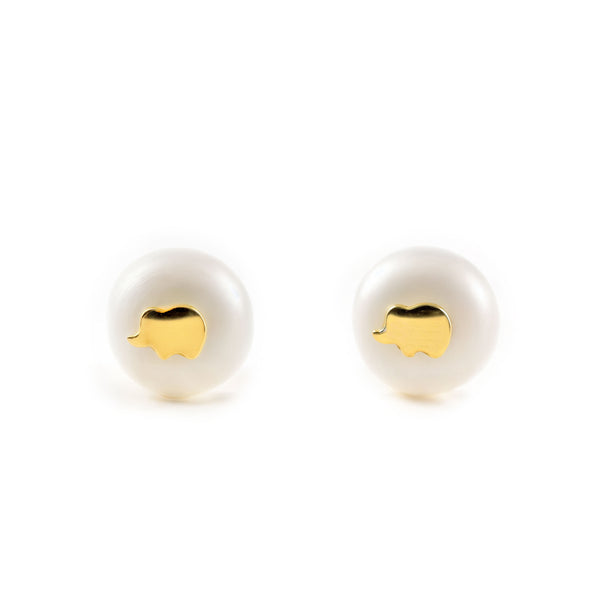 Boucles d'Oreilles Fille Enfant Élephant Perle 6,5 mm Or Jaune 18 Carats