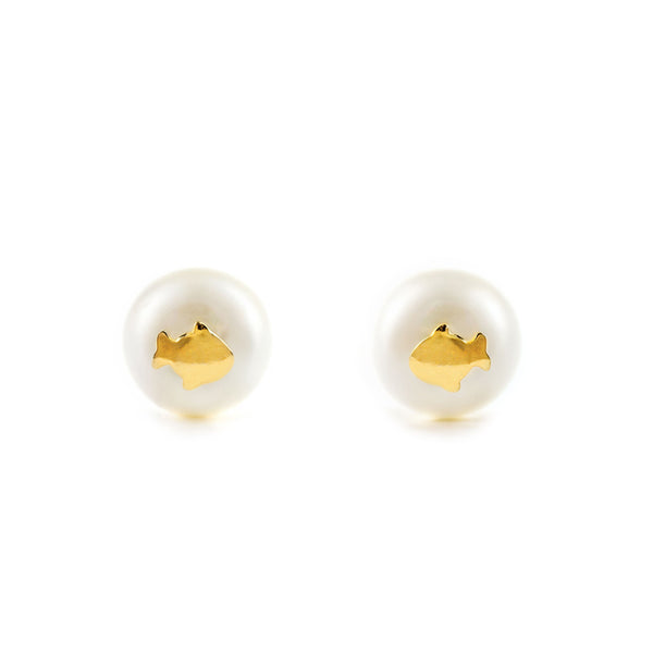 Boucles d'Oreilles Fille Enfant Poisson Perle 7 mm Or Jaune 18 Carats