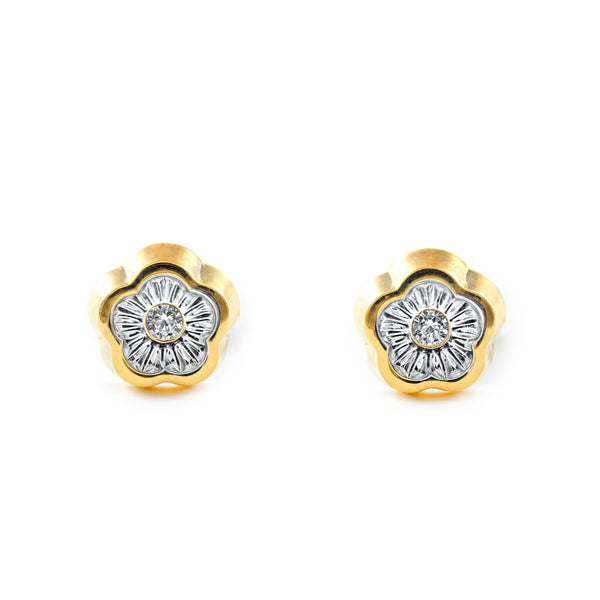 Boucles d'Oreilles Fille Enfant marguerite fleur Zircone Or Jaune 18 carats texturees
