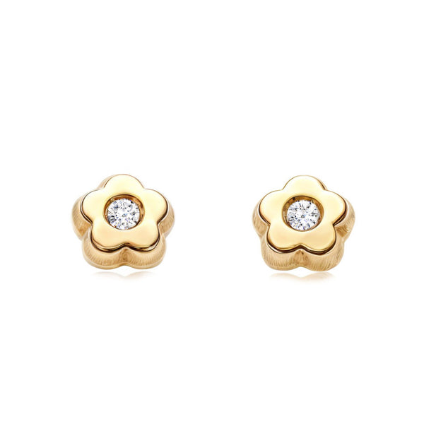 Boucles d'Oreilles Bebe Enfant marguerite fleur Zircone Or Jaune 9 Carats