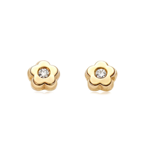Boucles d'Oreilles Bebe Enfant marguerite fleur Zircone Or Jaune 18 Carats