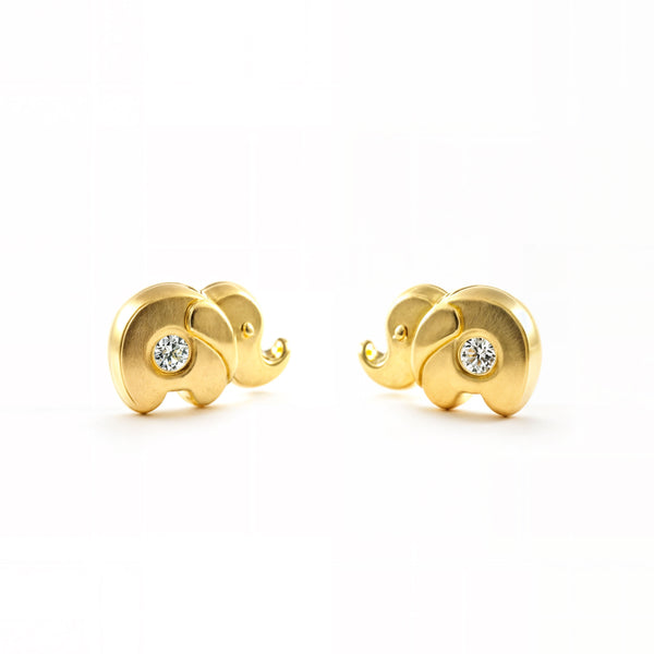 Boucles d'Oreilles Bebe Enfant Élephant Zircone Or Jaune 18 Carats