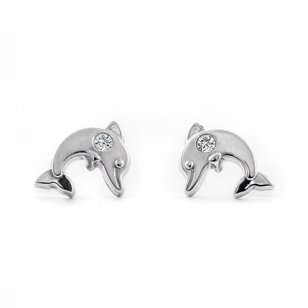 Boucles d'Oreilles Fille Enfant Dauphin Zircone Or Blanc 9 Carats