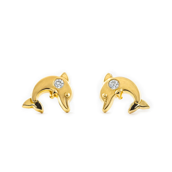 Boucles d'Oreilles Fille Enfant Dauphin Zircone Or Jaune 18 Carats