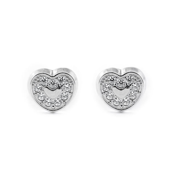 Boucles d'Oreilles Fille Enfant Cœur Zircone Or Blanc 9 Carats