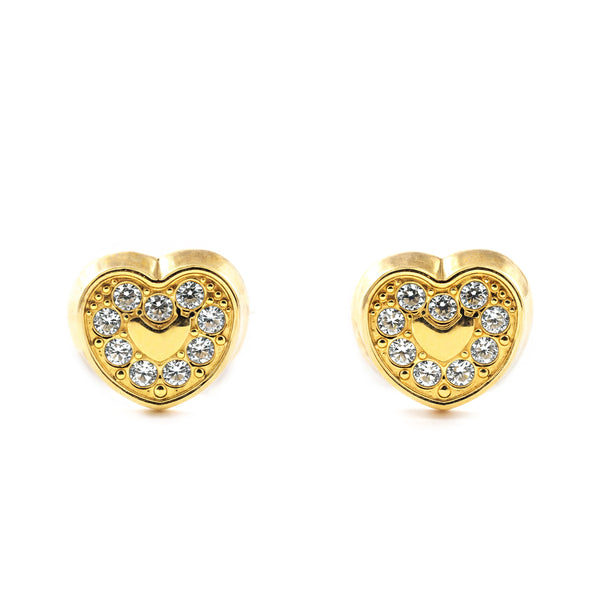 Boucles d'Oreilles Fille Enfant Cœur Zircone Or Jaune 18 Carats