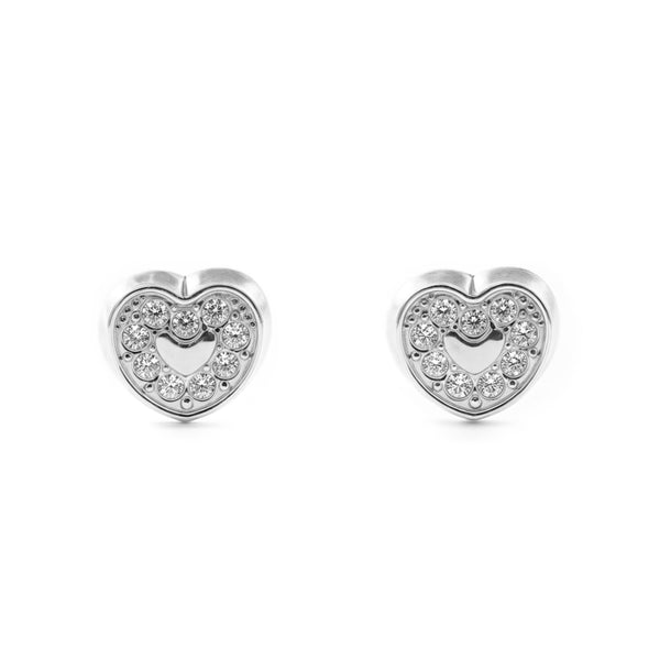 Boucles d'Oreilles Bebe Enfant Cœur Zircone Or Blanc 9 Carats