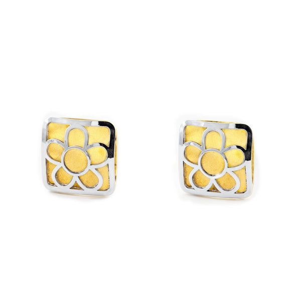 Boucles d'Oreilles Fille Enfant Carre Or Bicolore 18 carats mates et brillantes