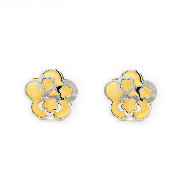 Boucles d'Oreilles Fille Enfant marguerite fleur Or Bicolore 18 Carats