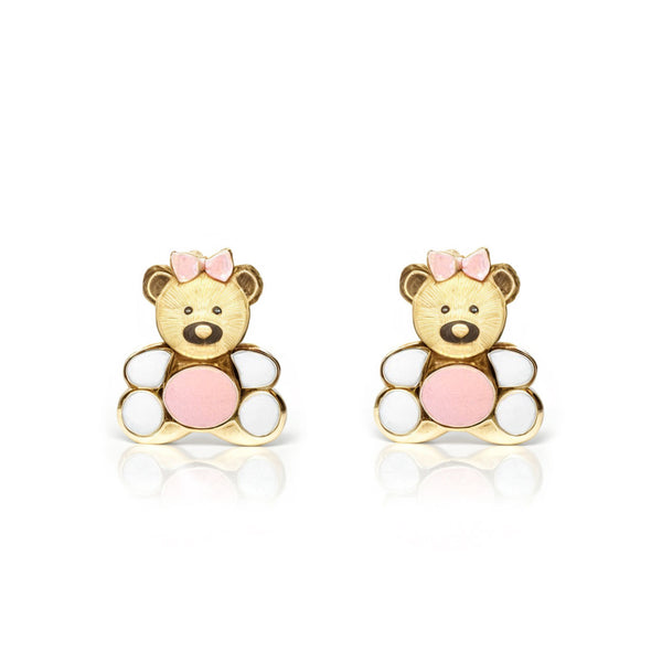 Boucles d'Oreilles Fille Enfant Émail rose-blanc Ours Or Jaune 18 Carats
