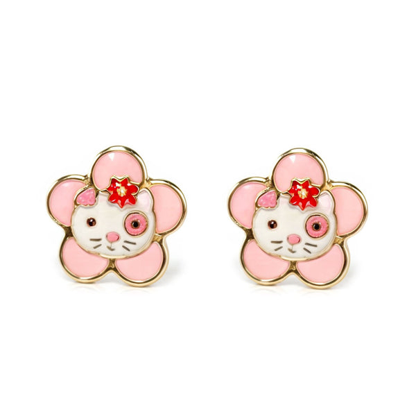 Boucles d'Oreilles Fille Enfant Émail multicolore Chat Or Jaune 18 Carats