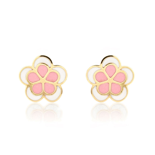 Boucles d'Oreilles Fille Enfant Émail rose-blanc marguerite fleur Or Jaune 9 Carats
