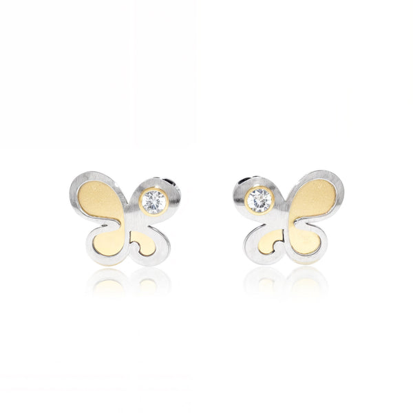 Boucles d'Oreilles Fille Enfant Papillon Zircone Or Bicolore 18 carats mates et brillantes