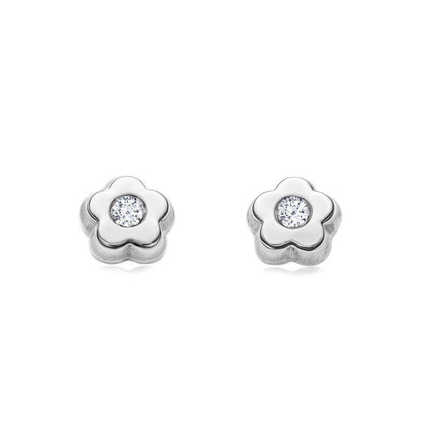 Boucles d'Oreilles Bebe Enfant marguerite fleur Zircone Or Blanc 9 Carats