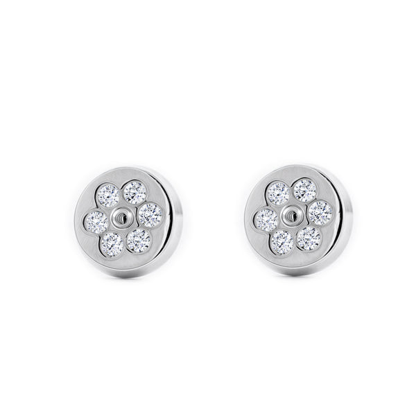 Boucles d'Oreilles Fille Enfant Ronde Zircone Or Blanc 18 Carats