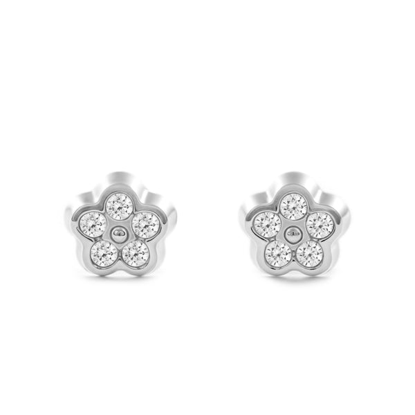 Boucles d'Oreilles Fille Enfant marguerite fleur Zircone Or Blanc 18 Carats