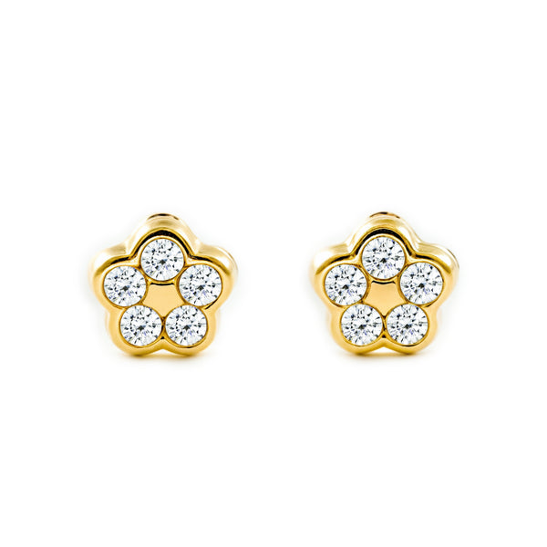 Boucles d'Oreilles Bebe Enfant marguerite fleur Zircone Or Jaune 9 Carats