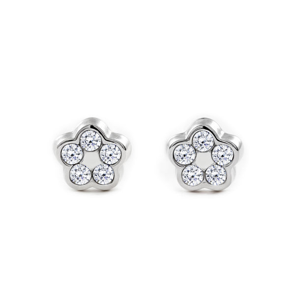 Boucles d'Oreilles Bebe Enfant marguerite fleur Zircone Or Blanc 9 Carats