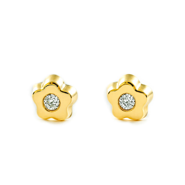 Boucles d'Oreilles Bebe Enfant marguerite fleur Zircone Or Jaune 18 Carats