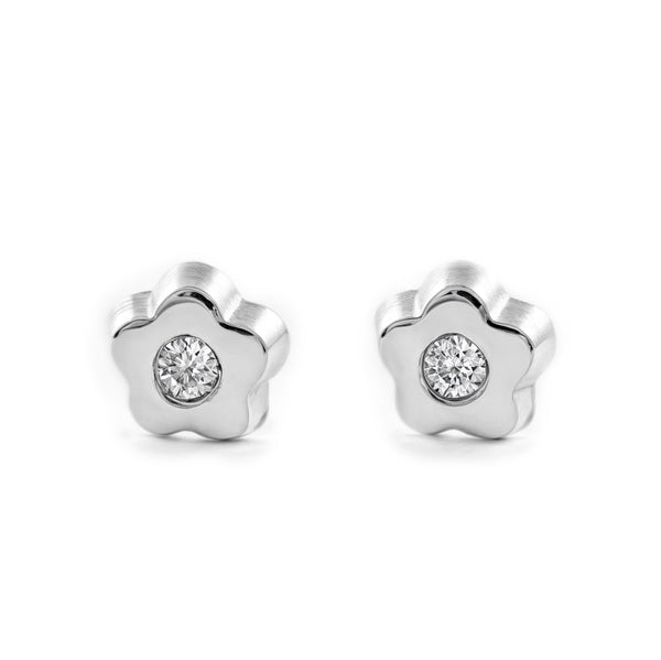 Boucles d'Oreilles Bebe Enfant marguerite fleur Zircone Or Blanc 9 Carats