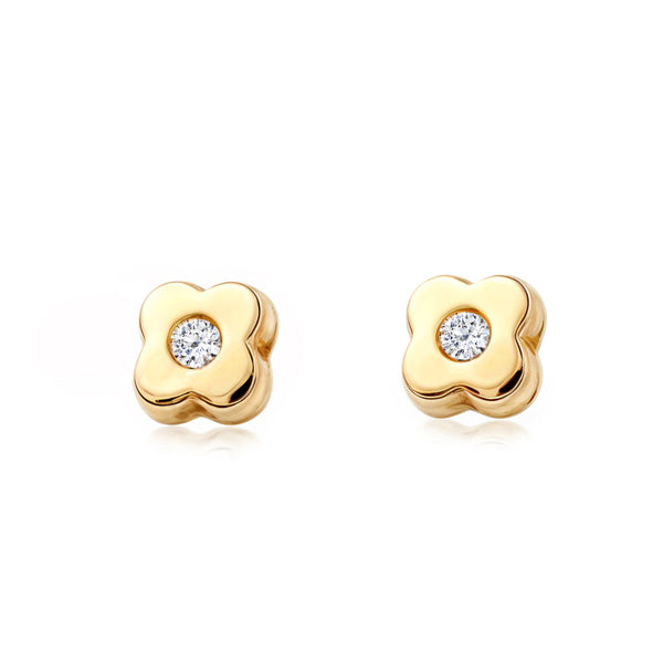 Boucles d'Oreilles Bebe Enfant Trèfle Zircone Or Jaune 9 Carats