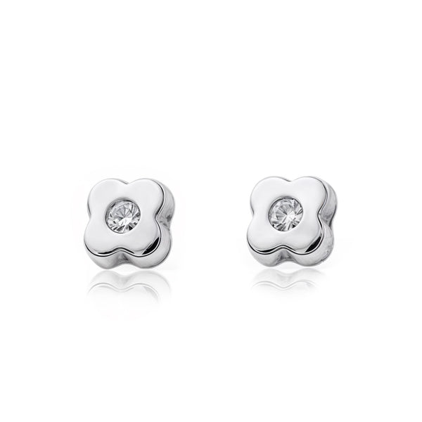 Boucles d'Oreilles Bebe Enfant Trèfle Zircone Or Blanc 9 Carats