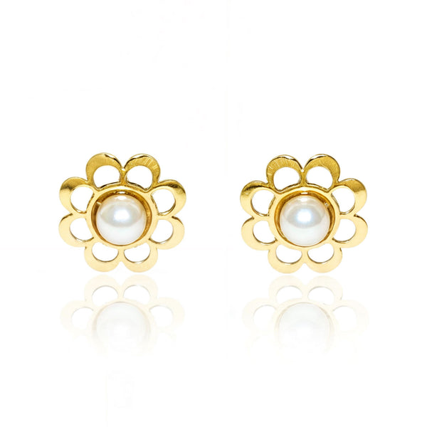 Boucles d'Oreilles Bebe Enfant Fleur Perle 2 mm Or Jaune 18 Carats