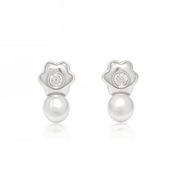 Boucles d'Oreilles Bebe Fille Enfant marguerite fleur Zircone Perle 3,5 mm Or Blanc 18 Carats