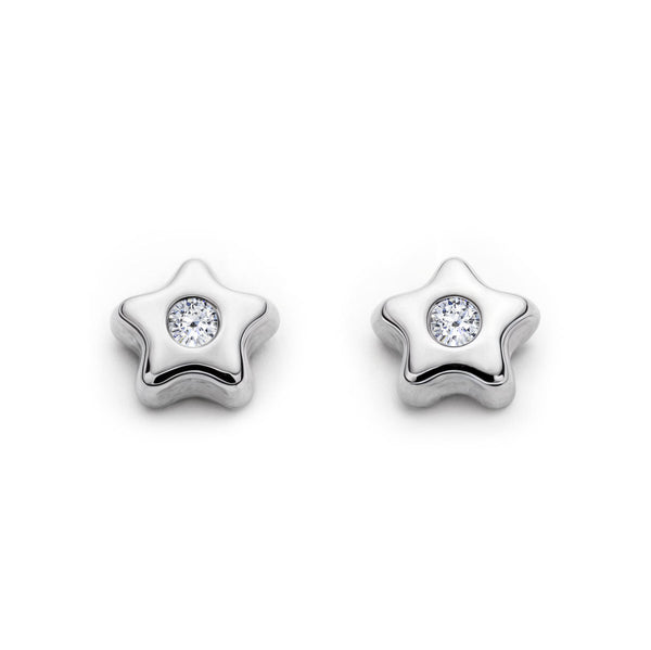 Boucles d'Oreilles Bebe Fille Enfant Étoile Zircone Or Blanc 9 Carats