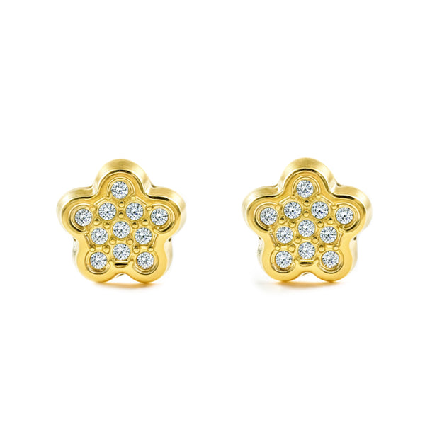Boucles d'Oreilles Fille Enfant Fleur Zircone Or Jaune 18 Carats