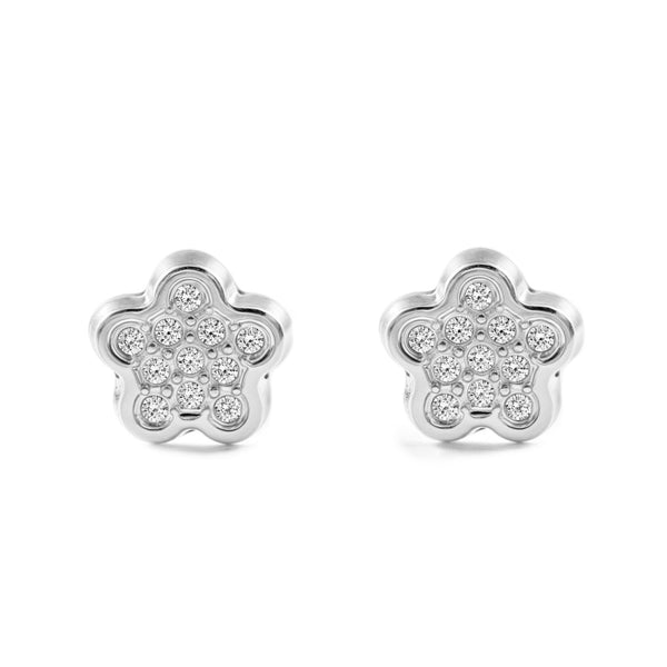 Boucles d'Oreilles Fille Enfant Fleur Zircone Or Blanc 18 Carats