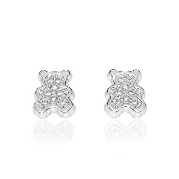 Boucles d'Oreilles Fille Enfant Ours Zircone Or Blanc 18 Carats
