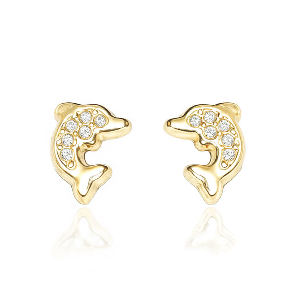 Boucles d'Oreilles Fille Enfant Dauphin Zircone Or Jaune 18 Carats