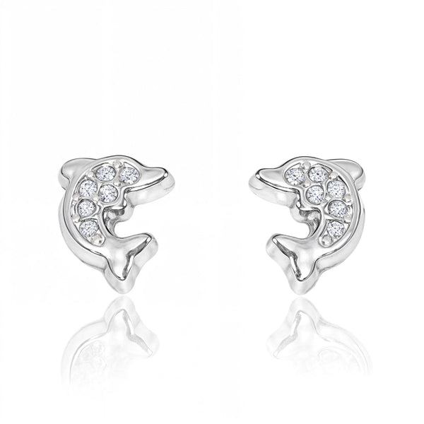 Boucles d'Oreilles Fille Enfant Dauphin Zircone Or Blanc 9 Carats