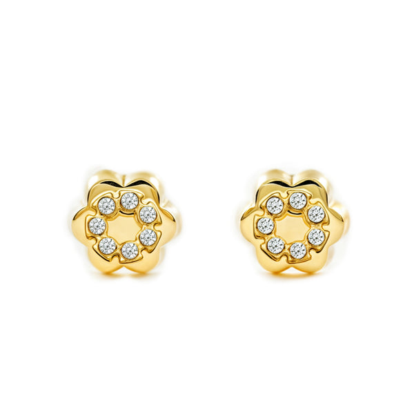 Boucles d'Oreilles Bebe Fille Enfant Fleur Zircone Or Jaune 9 Carats