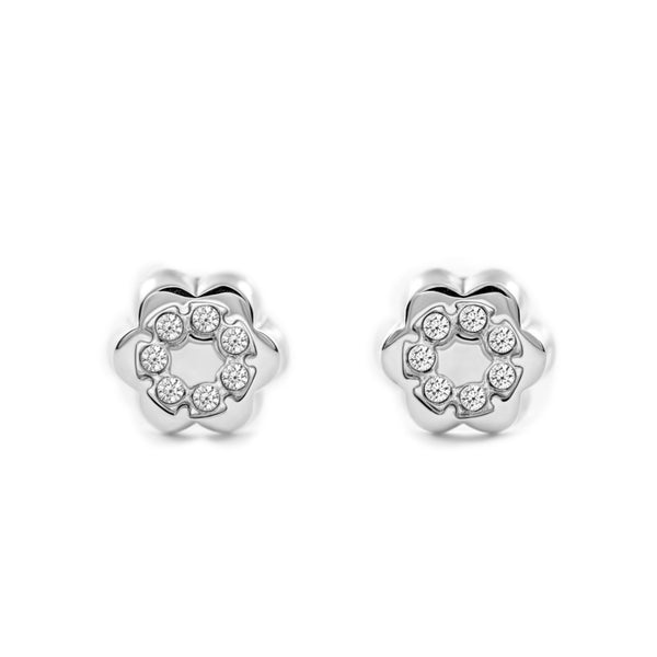 Boucles d'Oreilles Bebe Fille Enfant Fleur Zircone Or Blanc 9 Carats