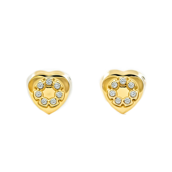Boucles d'Oreilles Bebe Fille Enfant Cœur Zircone Or Jaune 9 Carats