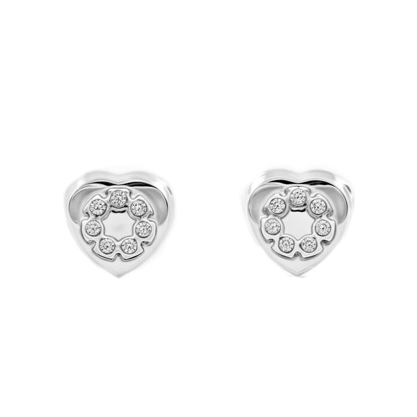 Boucles d'Oreilles Bebe Fille Enfant Cœur Zircone Or Blanc 9 Carats