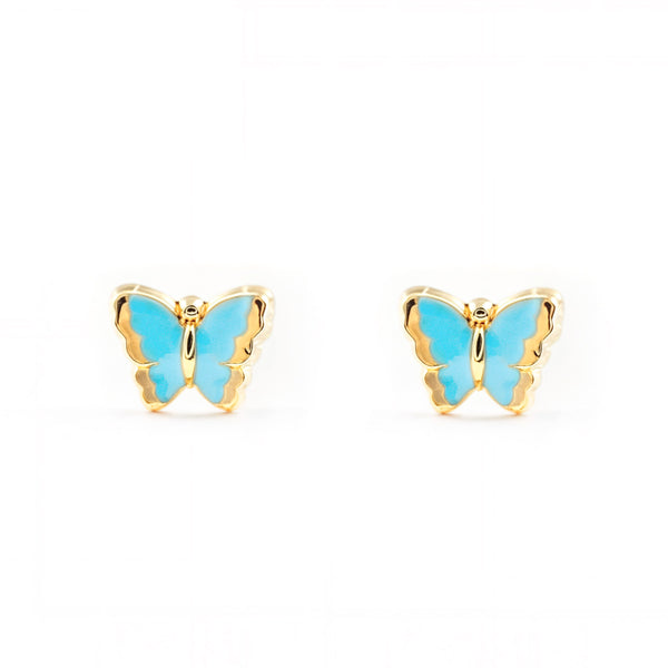 Boucles d'Oreilles Bebe Fille Enfant Émail bleu clair Papillon Or Jaune 9 Carats