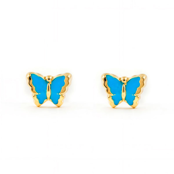 Boucles d'Oreilles Bebe Fille Enfant Émail bleu intense Papillon Or Jaune 9 Carats