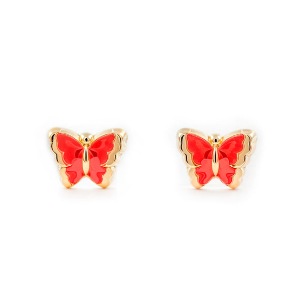 Boucles d'Oreilles Bebe Fille Enfant Émail rouge Papillon Or Jaune 18 Carats