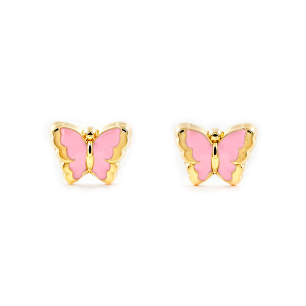 Boucles d'Oreilles Bebe Fille Enfant Émail rose clair Papillon Or Jaune 18 Carats