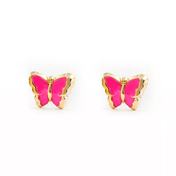 Boucles d'Oreilles Bebe Fille Enfant Émail rose intense Papillon Or Jaune 9 Carats