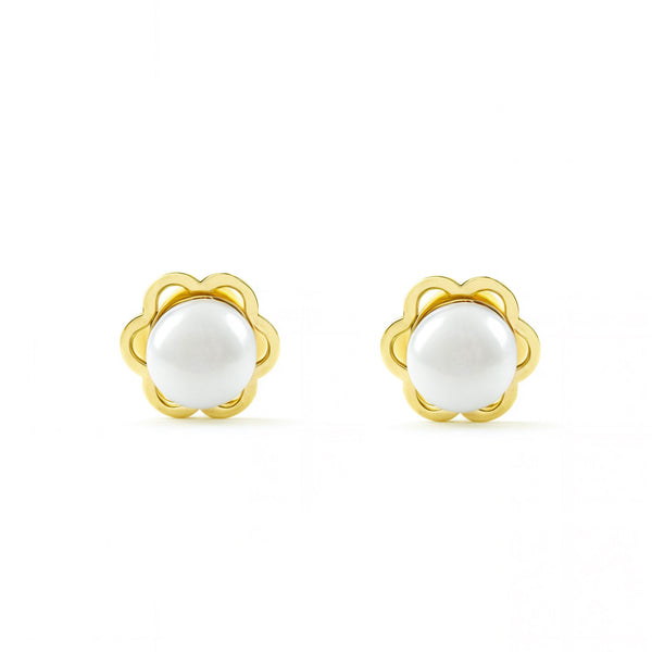 Boucles d'Oreilles Bebe Fille Enfant Fleur Perle 3 mm Or Jaune 18 Carats