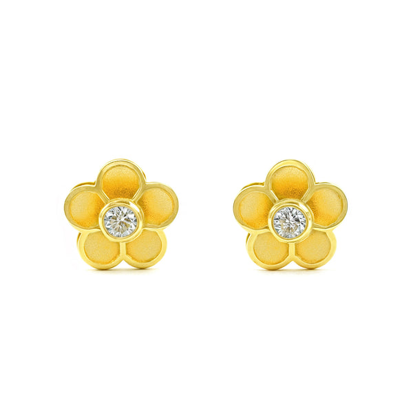 Boucles d'Oreilles Fille Enfant Fleur Zircone Or Jaune 18 carats mates et brillantes